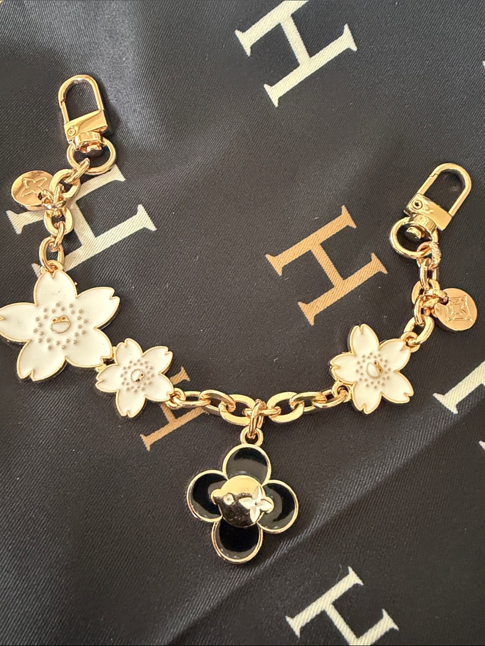 Gold-Tone Floral Charm  with White and Black Enamel handmade